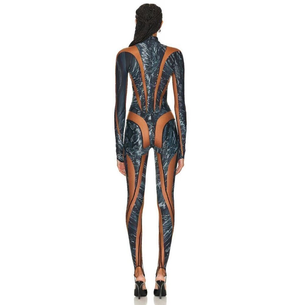 MUGLER Womens Long Sleeve Jumpsuit in Warped Snake Black Nude 34 New Catsuit - Picture 2 of 16